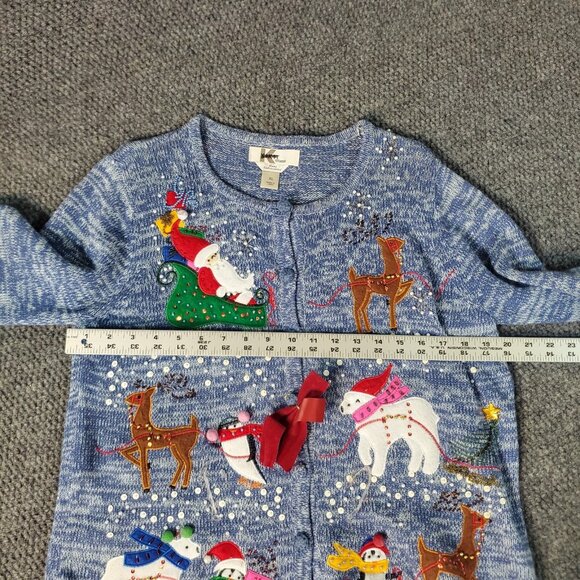 Grandma Sweater Christmas Santa Penguin Reindeer Beaded Embroidere Kikit Blue XL - Picture 7 of 8